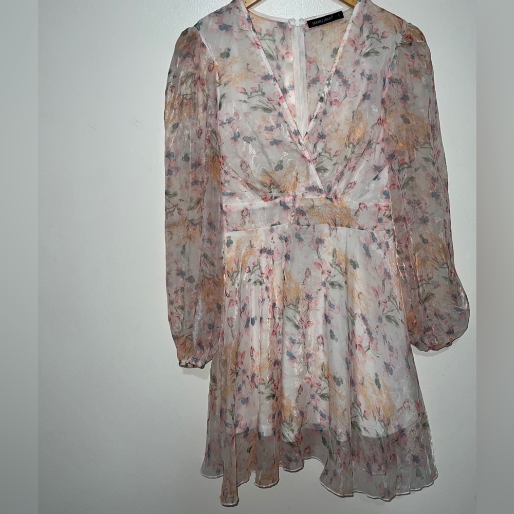 Double Crazy Women Multi Flowers Pink Tulle Mesh Deep V Neck Mini Dress Size S
